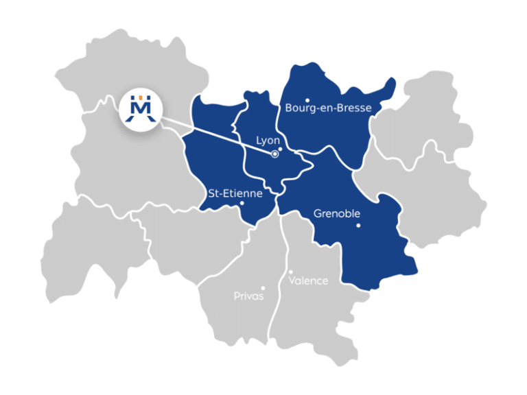 Carte de la zone d'intervention de Manustra en Auvergne Rhône-Alpes