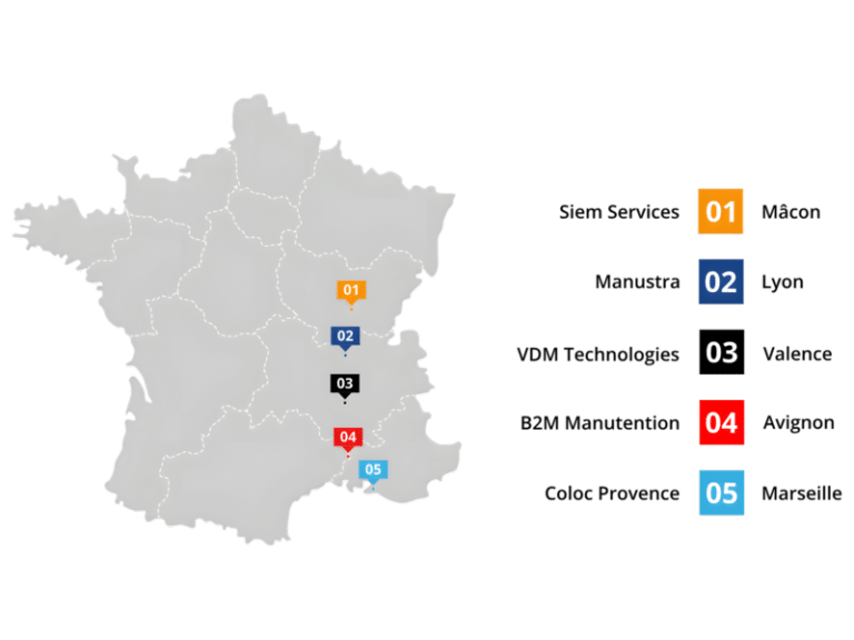 Carte de la France avec les entreprises de manutention, filiales du groupe Galilé